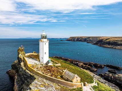 Godrevy Lighthouse from a drone, Godrevy Island, St Ives Bay, Cornwall, England, United Kingdom
