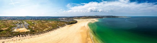 Panorama of Hayle Beach and Hayle Estuary from drone, St Ives Bay, Cornwall, England, United