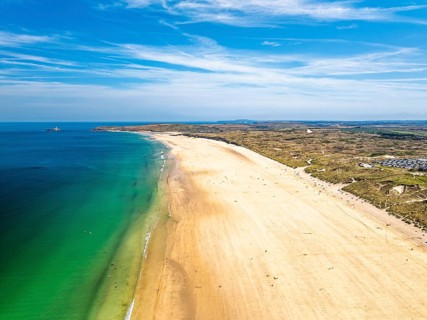 Hayle Beach and Hayle Estuary from drone, St Ives Bay, Cornwall, England, United Kingdom