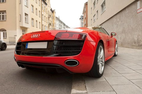 Red Audi R8, V10 engine, rear view