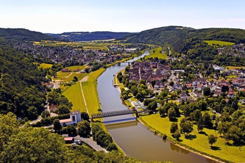 Elevated view of the river Weser and the town of Bodenwerder, birthplace of Münchhausen,