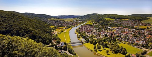 Elevated view of the river Weser and the town of Bodenwerder, birthplace of Münchhausen,