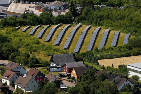 Elevated view of a small solar park from Eckberg, Bodenwerder, Weserbergland, Lower Saxony, Germany