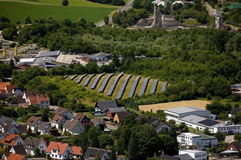 Elevated view of a small solar park from Eckberg, Bodenwerder, Weserbergland, Lower Saxony, Germany