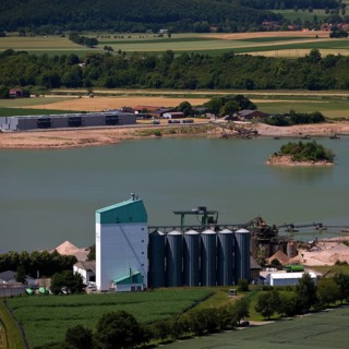 Elevated view of the Ernst Müller GmbH & Co KG gravel works from Eckberg, Bodenwerder,