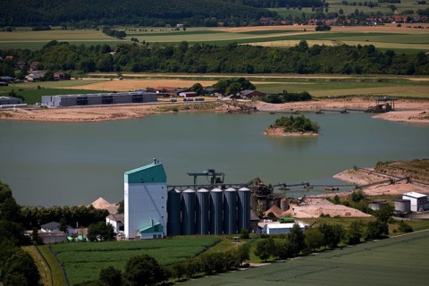 Elevated view of the Ernst Müller GmbH & Co KG gravel works from Eckberg, Bodenwerder,