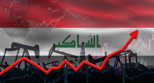 Oil pumps with Iraq flag. Oil production with Iraq flag, petrol industry