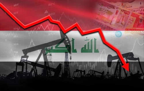 Petrol crisis with Iraq flag on financial graph. Fall oil price with flag of Iraq on economic chart
