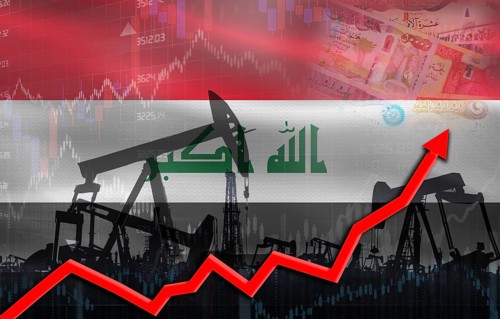 Oil production with Iraq flag, petrol industry. Oil pumps with Iraq flag
