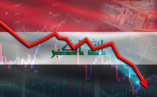 Iraq financial fall on economy market. Iraq financial crisis on economic graph