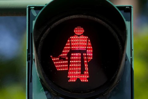 Traffic light man with Sebastian Kneipp, pedestrian traffic light with water doctor in the red