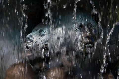 Fountain of Knowledge by Heinrich Jobst, close-up in the large spa gardens of Bad Nauheim, Hesse,