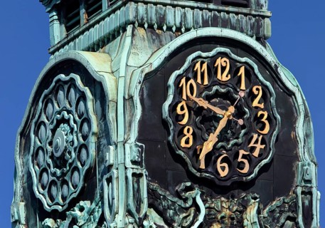 Detail of the clock tower, Sprudelhof, an important spa complex built between 1905 and 1911 in Art