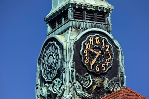 Detail of the clock tower, Sprudelhof, an important spa complex built between 1905 and 1911 in Art