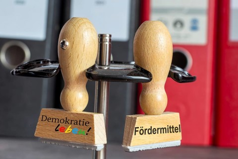 (Photomontage) Close-up of a stamp with the lettering DEMOKRATIE LEBEN next to a stamp with the