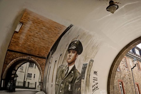 Graffiti by Gnasher in the archway, the castle gate was the backdrop for the cover of the Elvis