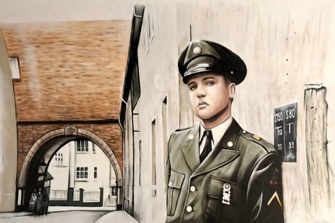 Graffiti by Gnasher in the archway, the castle gate was the backdrop for the cover of the Elvis