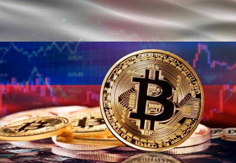 Bitcoin with Russia flag in the background. Investors in cryptocurrency and Blockchain Technology