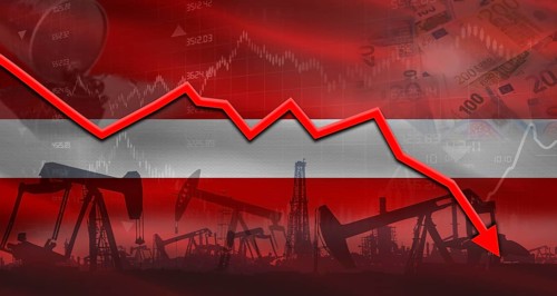 Fall oil price with flag of Latvia on economic chart, Petrol crisis with Latvia flag on financial