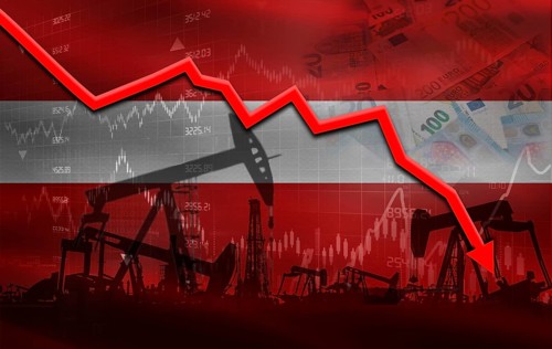 Petrol crisis with Latvia flag on financial graph. Fall oil price with flag of Latvia on economic