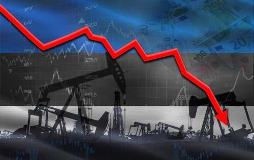 Petrol crisis with Estonia flag on financial graph. Fall oil price with flag of Estonia on economic