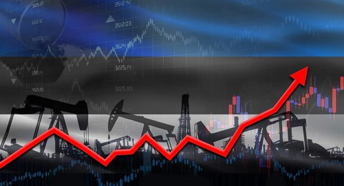 Oil pumps with Estonia flag. Oil production with Estonia flag, petrol industry
