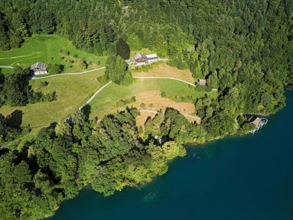 Rütli meadow, Grütli Museum and the Rütli House, Restaurant from above, Lake Lucerne, Rütli,