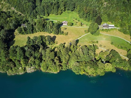 Rütli meadow, Grütli Museum and the Rütli House, Restaurant from above, Lake Lucerne, Rütli,