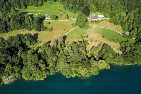 Rütli meadow, Grütli Museum and the Rütli House, Restaurant from above, Lake Lucerne, Rütli,