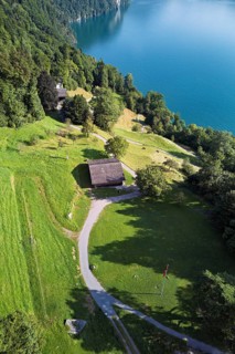Rütli meadow, Grütli Museum and the Rütli House, Restaurant from above, Lake Lucerne, Rütli,