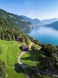 Rütli meadow, Musée Grütli and the Rütli House, behind Brunnen, Lake Lucerne, Rütli, Canton, Uri,
