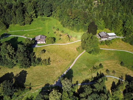 Rütli meadow, Grütli Museum and the Rütli House, Restaurant from above, Lake Lucerne, Rütli,