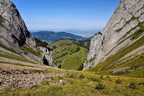 View from Bockmattli to the Mittelland, Lake Zurich in the background, Innerthal, Canton, Schwyz,