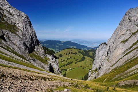 View from Bockmattli to the Mittelland, Lake Zurich in the background, Innerthal, Canton, Schwyz,
