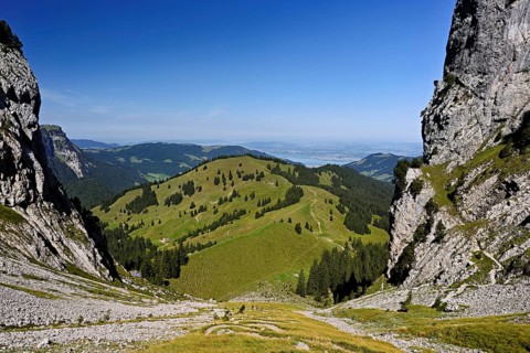 View from Bockmattli to the Mittelland, Lake Zurich in the background, Innerthal, Canton, Schwyz,