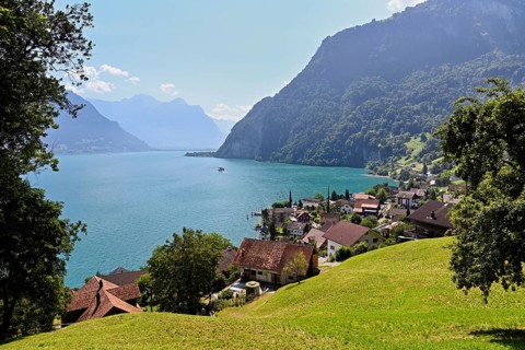 View of the village, Lake Lucerne in the background, Bauen, Canton Uri, Switzerland