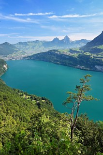 View from Seelisberg to Lake Lucerne, behind Brunnen and the small and large Mythen, Seelisberg,