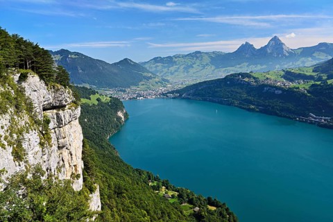 View from Seelisberg to Lake Lucerne, behind Brunnen and the small and large Mythen, Seelisberg,
