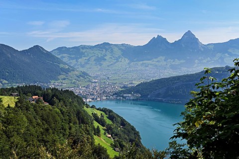 View from Seelisberg to Lake Lucerne, behind Brunnen and the small and large Mythen, Seelisberg,