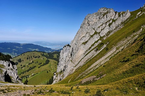 View from Bockmattli to the Mittelland, Lake Zurich in the background, Innerthal, Canton, Schwyz,
