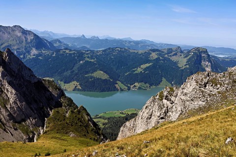 View from Bockmattli to the Wägitalersee, behind the small and large Aubrig, Innerthal, Canton,