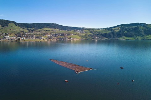 Forestry workers float a raft of felled tree trunks from the Bergmatt across the Ägerisee to the