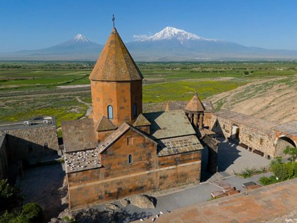 Detailed view of a monastery in front of Mount Ararat with inner courtyard and part of the