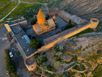 Aerial view of a historic monastery, aerial view, Chor Wirap monastery, Chor Virap, deep dungeon,