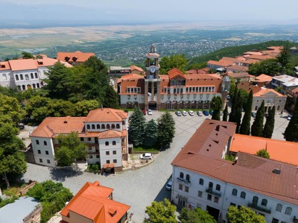 A square with a tower and traditional buildings framed by a panoramic view, aerial view, Sighnaghi,