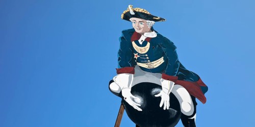 The ride on Münchhausen's cannonball, depicted in the Münchhausen town of Bodenwerder,