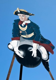 The ride on Münchhausen's cannonball, depicted in the Münchhausen town of Bodenwerder,