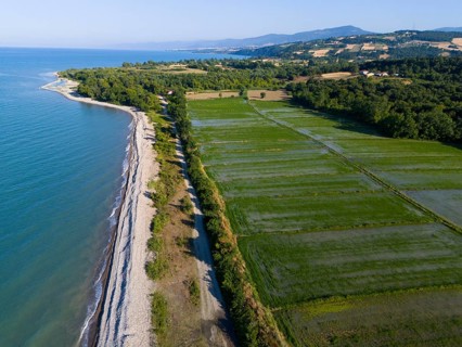 View of the coastline and neighbouring green fields bordering the blue sea with rolling hills in