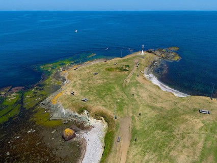 Aerial view of a small island with a lighthouse and green areas surrounded by the blue sea, aerial