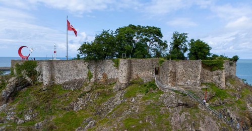Close-up of a castle on a rock with flag, surrounded by nature, aerial view, fortress, castle,
